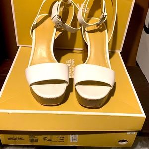 MICHAEL Michael Kors Leonora Ankle Strap Sandal Leather Wedge Heel Height 3 1/4”